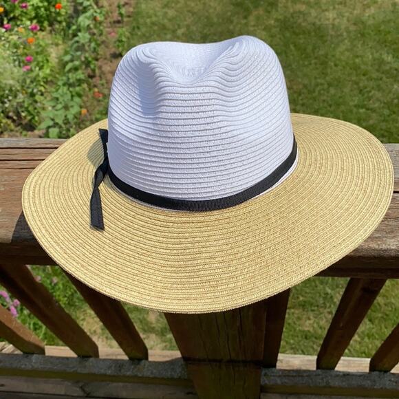 New MB Krauss Fedora Panama Tan White Colorblock Straw Beach Sun Hat - Picture 4 of 5